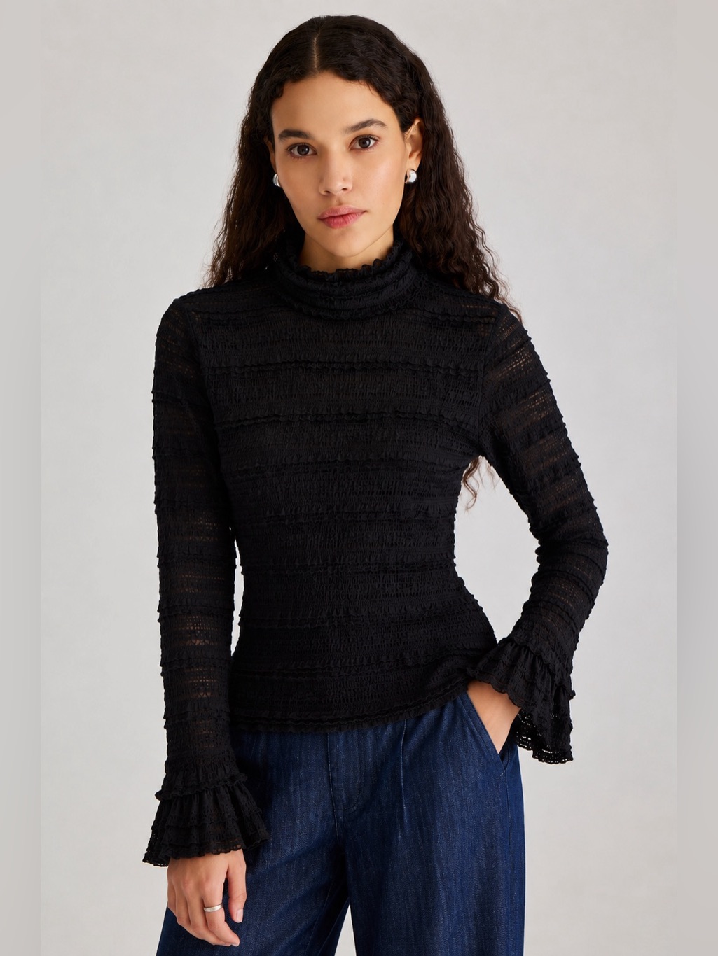 Cinq Sept Sheer Lace Ruffle Mock Neck Blouse Black Women Size S